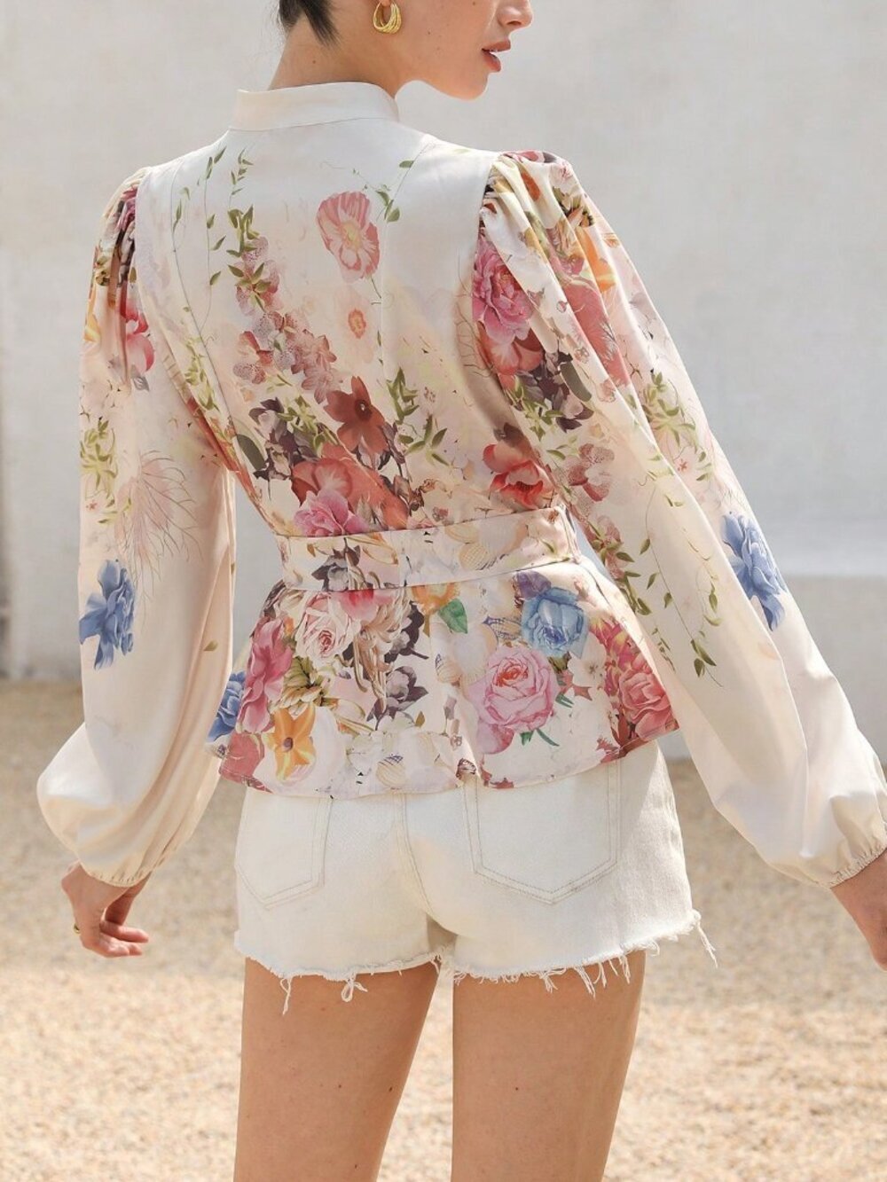 Multicolor Boho Women's Floral Stand-Up Collar Button-Down Long Sleeve Blouse - Picture 2 of 6